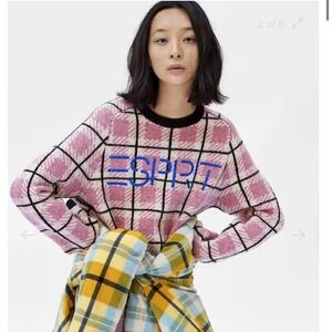 Esprit x Opening Ceremony Pink Plaid Spellout Wool Blend Sweater Womens Large